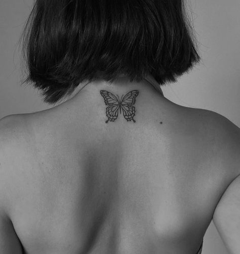 Butterfly Tattoo Nape Of Neck, Butterfly Behind Neck Tattoo, Butterfly Tattoo Nape, Butterfly Tattoo For Back, Back Of Neck Butterfly Tattoo, Butterfly Tattoo Neck For Women, Butterfly Tattoo Behind Neck, Nape Tattoo Women Minimalist, Butterfly Tattoo Back Of Neck