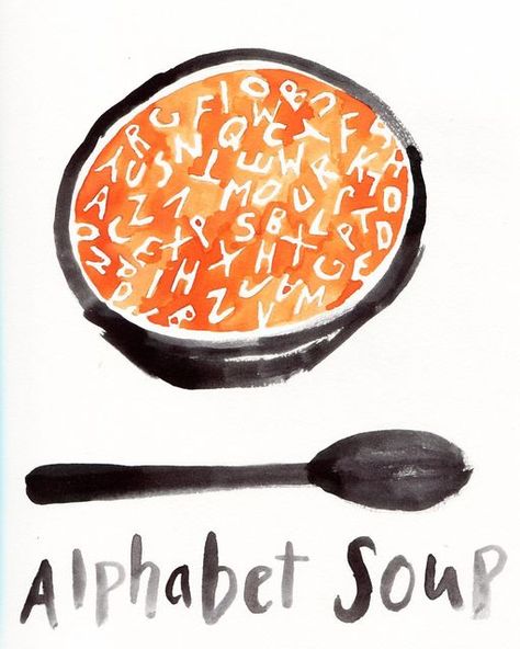 Soup Drawing Easy, Alphabet Soup Tattoo, Alphabet Soup Drawing, Soup Illustration Drawing, Tomato Soup Illustration, Alphabet Soup Art, Soup Drawing, Alphabet Soup Illustration, Soup Drawing Food Illustrations