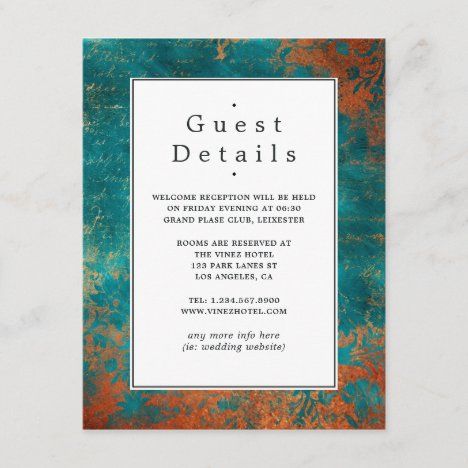 Copper Patina and Turquoise Wedding Guest Details Enclosure Card Peeps Art, Turquoise Wedding Invitations, Teal And Copper, Coral Wedding Themes, Copper And Turquoise, Bronze Wedding, Damask Wedding, Copper Wedding, Wedding Enclosure Cards