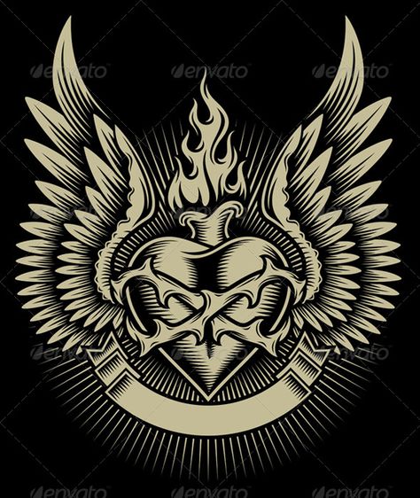 fully editable vector illustration (editable EPS) of winged burning heart isolated on black background, image suitable for crest, emblem, insignia, t-shirt design or tattoo, package contains : JPG image 5000x5000 pixels and EPS vector file Heart With Thorns, Heart With Wings Tattoo, Sacred Heart Tattoos, Burning Heart, Arte Punk, Heart Tattoo Designs, Black Background Images, Heart With Wings, Wings Tattoo