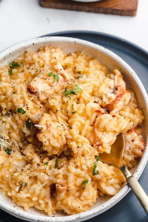 Creamy Lobster Risotto Recipe Lobster Rosoto Recipes, Lobster Rissoto Recipes, Lobster Tail Dinner Ideas Meals, Lobster Orzo, Langostino Lobster Recipes, Clam Risotto, Risotto Aesthetic, Healthy Lobster Recipes, Lobster Risotto Recipe