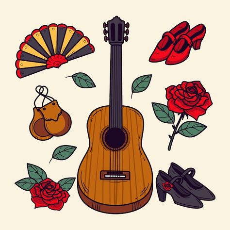 Colección de elementos de baile flamenco... | Premium Vector #Freepik #vector #castanuelas #guitarra-flamenca #pegatinas-amor #stikers Dibujo Simple, American Dress, Latin American, Premium Vector, Spain, Scrapbooking, Tattoos