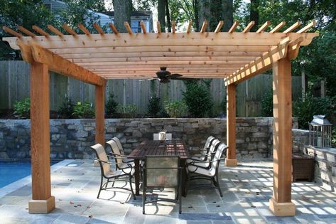 Cedar Pergola with Flagstone Patio and Fieldstone Retaining Wall - Contemporary - Patio - DC Metro - by Land Art Design, Inc. | Houzz Flagstone Patio Ideas, Poolside Pergola, Corner Pergola, Cedar Pergola, Square Columns, Cheap Pergola, Patio Deck Designs, Pergola Ideas, Contemporary Patio