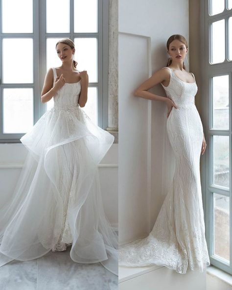 18 Smart Convertible Wedding Dress Ideas For Brides ❤ convertible wedding dress with overskirt karlozi #weddingforward #wedding #bride Long Detachable Train Wedding Dress, Wedding Dress Convertible Skirt, Sheath Wedding Dress With Detachable Skirt, Bridal Gowns With Overskirts, 2 Looks Wedding Gown, Wedding Dress Two Skirts, Convertible Wedding Dress Two Piece, Wedding Dress With Removable Overskirt, Plus Size Wedding Dress With Overskirt