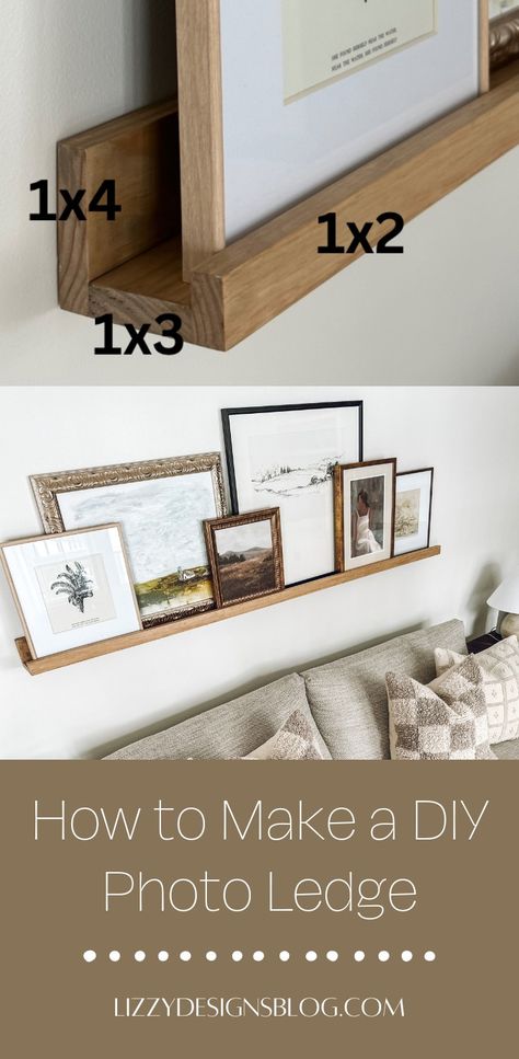 photo ledge with framed art Diy Photo Shelf Picture Ledge, Behind The Couch Shelf Wall, Picture Ledge Placement, Shelf With Picture Frames Above Bed, Diy Above Bed Shelf, Diy Wood Ledge Shelf, Wood Ledge Shelf, Behind Couch Picture Ledge, Diy Photo Shelf