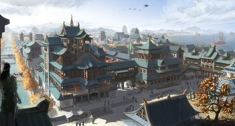 ArtStation - Ancient Chinese City , Yujiang J Ancient Chinese City, Chinese Palace, Chinese City, Ancient Chinese Architecture, China City, Asian Architecture, Fire Nation, Fantasy City, Fantasy Castle