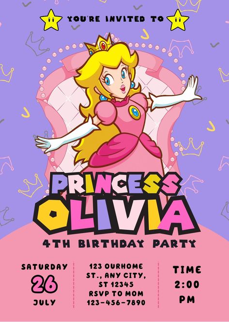 Princess Peach Invitations, Princess Peach Birthday Party, Princess Peach Birthday, Peach Mario Bros, Princess Peach Party, Peach Birthday, Peach Mario, Peach Party, Princess Birthday Invitations