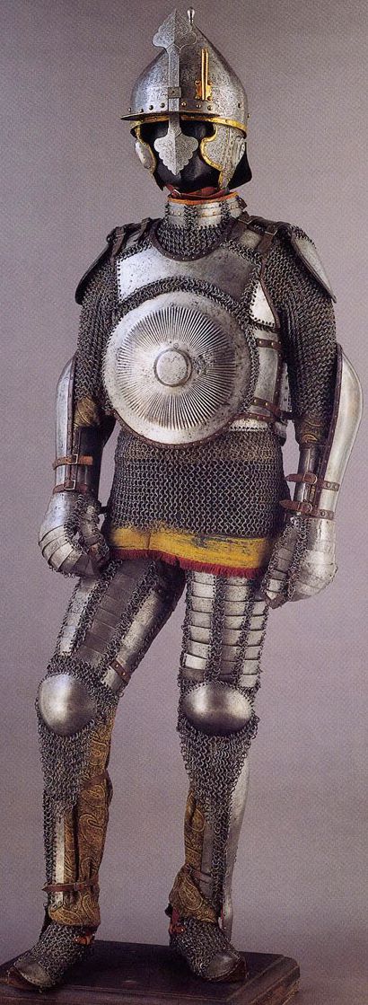 Armor of the Ottoman Empire. A complete suit of 16th century armor as worn by fully armored cavalryman (sipahi) including Chichak (helmet), krug (chest armor), zirah (mail shirt), kolluk/bazu band (vambrace/arm guards), dizcek (cuisse or knee and thigh armor), and kolçak (greaves or shin armor). Stibbert Museum, Florence Italy. Armor Reference, Cosplay Idea, Empire Ottoman, Helmet Armor, Century Armor, Caracter Design, Ancient Armor, The Ottoman Empire, Ancient Warfare