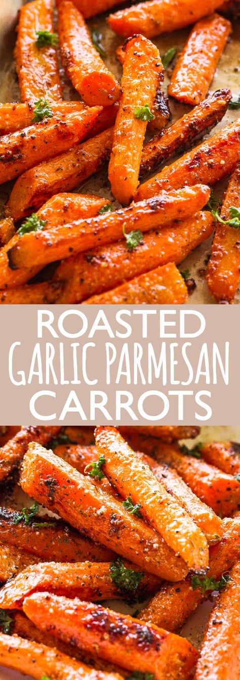 Roasted Garlic Parmesan Carrots - An easy, family favorite roasted carrots recipe tossed with the most flavorful garlicky and buttery parmesan cheese coating. The carrots come out sweet, tender and really delicious. #carrotssidedish #easter #cheese Garlic Parmesan Carrots, Parmesan Carrots, Easter Cheese, Carrots Side Dish, Roasted Carrots Recipe, Carrots Recipe, Roasted Vegetable Recipes, Cooked Carrots, Carrot Recipes