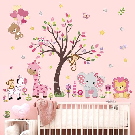 Dreamy Pink Nursery Ideas for Your Baby Girl | Major League Mommy Pink Baby Nursery, Tiles Furniture, Jungle Themed Nursery, Baby Nursery Wall Decor, Floral Crib Sheet, Dream Nurseries, Tree Wall Stickers, Blue Nursery, Pink Animals