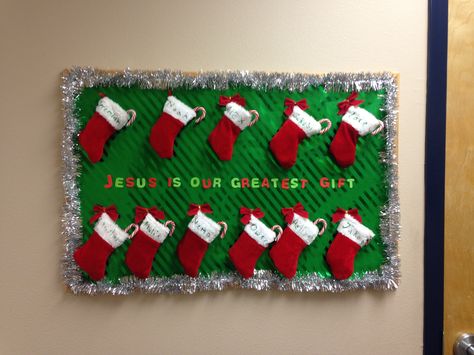 Stocking Bulletin Board Christmas, Christmas Stocking Bulletin Board Ideas, Stocking Bulletin Board, Work Morale, Middle School Bulletin Boards, Teacher Swag, Christian Bulletin Boards, Diy Bulletin Board, Christmas Bulletin Board