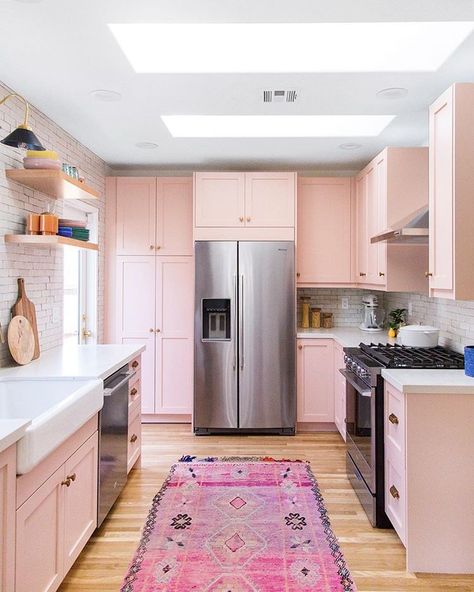 Diy Shaker Door, Pink Kitchen Cabinets, Pink Cabinets, Oak Floating Shelves, Galley Kitchens, Barnwood Wall, Retro Renovation, Eclectic Kitchen, Shaker Doors