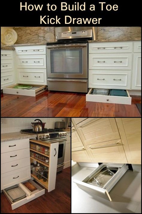 Kick Plate Drawers, Kickplate Drawer Under Cabinet, Small Kitchen Maximum Storage, Turn Cabinets Into Drawers, Diy Toe Kick Drawer, Toe Kick Drawers Under Cabinet, Toe Kick Ideas, Toekick Drawer, Toe Kick Drawer