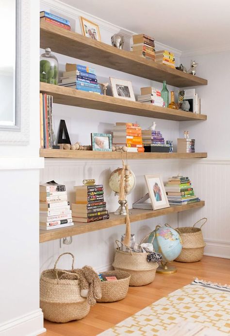 Learn how to build floating shelves and all my tips and tricks for DIY floating bookshelves. Get a totally modern, minimal, beautiful wooden shelving system to organize a living room or any room in your home! Big Floating Shelves Living Room, Large Wood Shelves, Diy Living Room Shelves, Big Shelves, Diy Bookshelf Design, Diy Bookshelf Plans, Library Shelving, Shelving Wall, Alcove Shelving