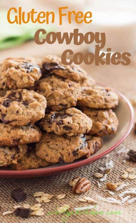 These soft and yummy cowboy cookies are chock-full of oats, pecans, chocolate chips, and coconute, and almond and coconut flours as well-- they’re gluten and dairy-free! #glutenfree #dairyfree #cowboycookies #healthy Cookies Cowboy, Dairy Free Pudding, Kitchen Cookies, Mini Cowboy, Paleo Vegetarian, Cookies Healthy, Cowboy Cookies, Cookies Gluten Free, Eat Seasonal