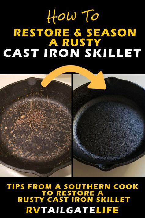 You can't be a Southern cook without a cast iron skillet! And the best ones have been handed down for generations. Find out what to do if your cast iron skillet has rust! Restore and season a rusty cast iron skillet with these easy tips! Save money by buying an old skillet and restoring it! #cooking #southern #kitchentips Rusty Cast Iron Skillet, Cleaning Cast Iron Pans, Season Cast Iron, Restore Cast Iron, Season Cast Iron Skillet, Cast Iron Skillet Cooking, Cast Iron Care, Cast Iron Cleaning, Seasoning Cast Iron