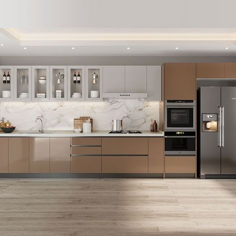 600 Brown Laminate Kitchen Cabinets, Brown Color Kitchen Cabinets, Single Kitchen Platform, White And Brown Kitchen Ideas, Hpl Kitchen Design, Hpl Kitchen Colors, Single Row Kitchen, Kitchen Laminates Colour, Single Wall Kitchen Design