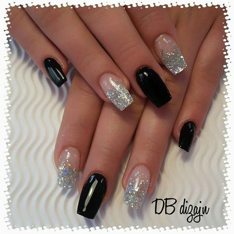 Black silver nails Black Silver Sparkle Nails, Black And Silver Sparkle Nails, Nail Art Black And Silver, Black And Sparkle Nails, Black White Silver Nails, Silver And Black Nails, Black And Silver Nail Designs, Black And Silver Nails, Silver Sparkle Nails