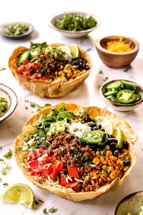 Taco Bowls (plus optional TACO BOWL SHELLS! + Meal Prep) Taco Shell Bowls, Taco Bowl Recipe, Taco Salad Bowls, Tortilla Bowls, Taco Bowl, Barbacoa Beef, Taco Bowls, Soft Tacos, Salad Recipes For Dinner