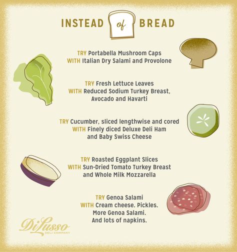 NO BREAD? NO PROBLEM. Whether you want to eat more protein without all the carbs, or you’ve just run out of bread, skip the slices and choose one of our favorite gluten-free swaps.  - From Di Lusso Deli Company What To Eat Instead Of Bread, Bread Diet, Roasted Eggplant Slices, Eat More Protein, No Bread Diet, Paleo For Beginners, What Can I Eat, Stuffed Portabella Mushrooms, Food Infographic