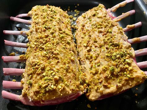 Dijon and Pistachio-Crusted Rack of Lamb Pistachio Crusted Lamb, Potatoes Anna, Crusted Rack Of Lamb, Rack Of Lamb, Elegant Dinner, The Lamb, Lamb Recipes, Fresh Rosemary, Roasting Pan