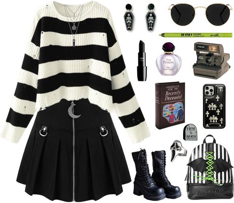 Beetlejuice, Beetlejuice, Be-- Outfit | ShopLook Outfits Inspired By Beetlejuice, Beetlejuice Aesthetic Outfit, Beetlejuice Clothes, Beetlejuice Outfit Ideas, Beetlejuice Edit, Thanksgiving Style Outfits, Beetlejuice Inspired Outfit, Beetlejuice Outfits, Cozy Sweaters Outfits