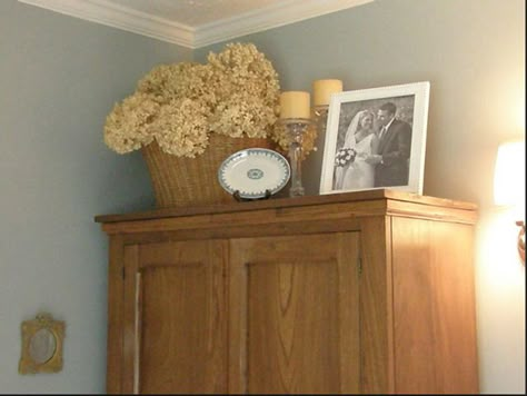 Bookshelf Staging, Wedgewood Gray, Armoire Decor, Harrington House, Woodlawn Blue, Armoire Makeover, Above Kitchen Cabinets, Perfect Blue, Renovation Design