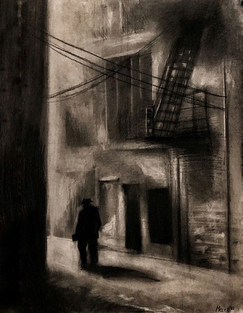 Dark Landscape Drawing, Charcoal Cityscape, City Alley, Favelas Brazil, Cityscape Drawing, Charcoal Sketch, Architecture Drawing Art, Charcoal Drawings, Charcoal Art