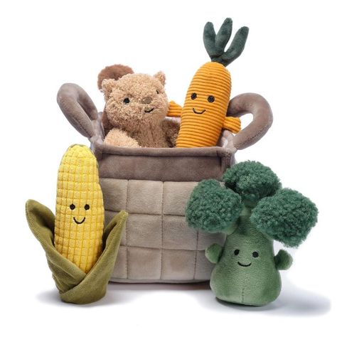 Set includes 3 playful veggies (1 broccoli, 1 ear of corn, 1 carrot) ,a happy little squirrel, and a velour basket. Affiliate link Veggie Basket, Tractor Room, Ear Of Corn, Sew Baby, Lambs & Ivy, Stylish Nursery, Baby Dino, Dinosaur Plush, Beautiful Nursery