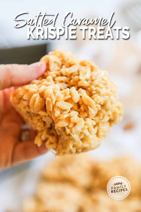 With warm caramel flavors highlighted by a light sprinkle of salt, these Salted Caramel Rice Krispie Treats take Rice Krispie treats over the top–in the very best way! The sweet and salty combination of these caramel Rice Krispie treats recipe is SO irresistible. This recipe for caramel rice krispie bars is super easy and everyone will love them! Salted Caramel Rice Krispie Treats, Caramel Rice Krispie Treats, Recipe For Caramel, Rice Krispie Treats Recipe, Rice Krispie Bars, Lemon Cookies Easy, Caramel Treats, Gooey Caramel, Krispie Treats Recipe