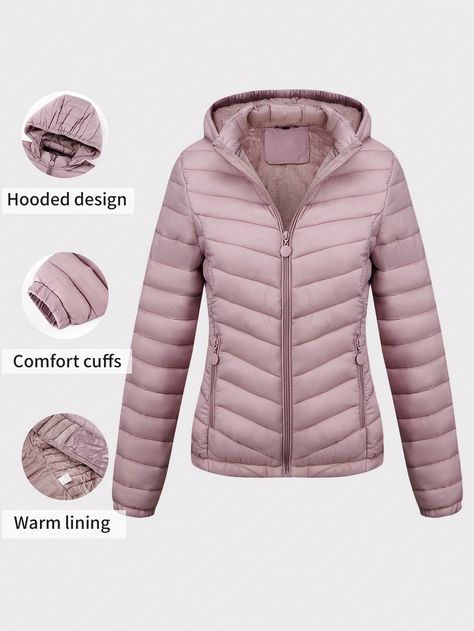 Women's Stylish And Lightweight Hooded Padded Coat With Pockets, Puffer Jacket For Autumn And Winter Baby Pink Casual  Long Sleeve Woven Fabric Plain Puffer Non-Stretch Fall/Winter Women Clothing, size features are:Bust: ,Length: ,Sleeve Length: Thermo Leggings, Winter Baby, Padded Coat, Elegant Dresses Long, Baby Winter, Hooded Coat, Inspiration Mode, Puffer Jacket, Autumn And Winter