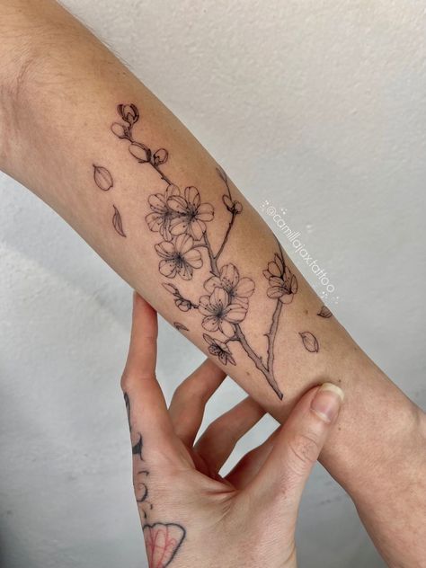 Cherry Blossom Forearm Tattoo Women, Floral Tree Tattoo, Cherry Blossom Tattoo Arm For Women, Cherry Blossom Tattoo Upper Arm, Fineline Cherry Blossom Tattoo, Sakura Arm Tattoo, Cherry Blossom Tattoo On Arm, Blossom Tattoo Men, Black And White Cherry Blossom Tattoo