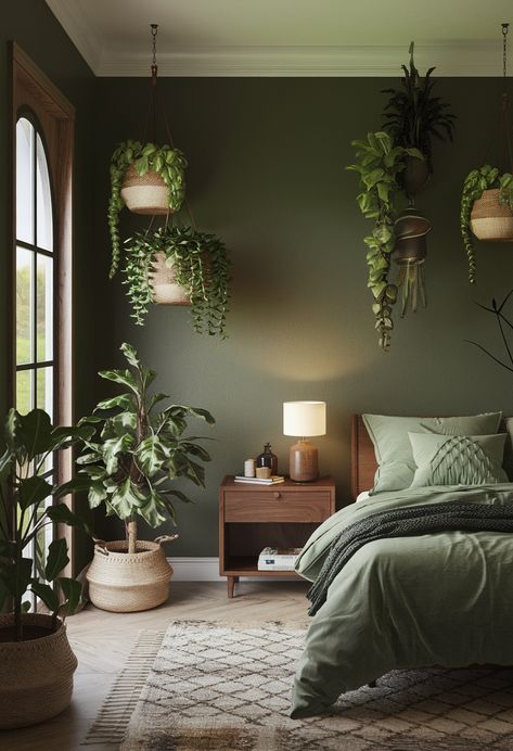 My Entitled Ex Wanted My Furniture, So I Created the Bedroom of His Nightmares Green Headboard Bedroom Ideas, Bedroom Green Accent Wall, Green Wall Bedroom, Green Walls Bedroom, Garden Bedroom Ideas, Rich Bedroom, Urban Jungle Bedroom, Green Accent Wall, Green And White Bedroom