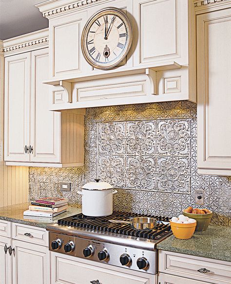 Cheapest Backsplash Ideas, Ceiling Tile Backsplash, Farm Kitchens, Tin Tile Backsplash, Tin Backsplash Kitchen, Gucci Nails, Tin Kitchen, Tin Tiles, Tin Ceiling Tiles