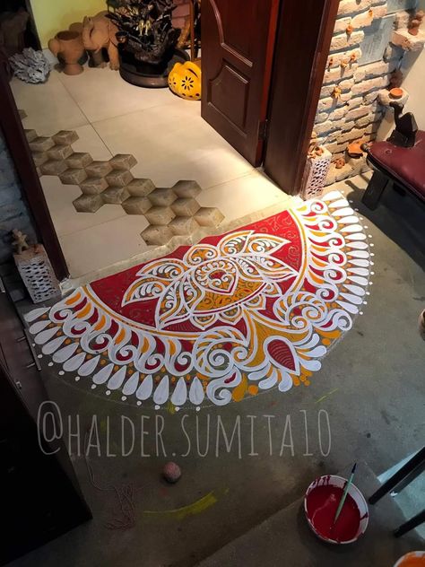 Colourful Alpona Design Bengali, Alpana Rangoli Design, Colourful Alpona, Rangoli Painting On Floor, Alpana Designs Bengali Border, Bengali Rangoli, Paint Rangoli Designs On Floor, Alpona Painting, Alpona Design Bengali