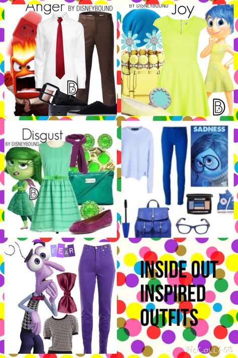 Inside Out Movie Costumes, Inside Out Themed Outfits, Disney Bounding Inside Out, Inside Out Makeup Ideas, Joy Inside Out Outfit Ideas, Joy Outfit Inside Out, Fear Disneybound, Inside Out Dress Up, Pixar Inspired Outfits