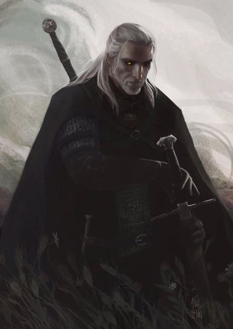 Geralt of Rivia Geralt Of Rivia, White Hair, Cloak, On Twitter, Twitter, Hair, White, Black, Art