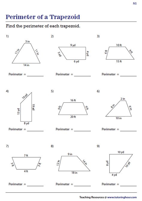 Perimeter of a Trapezoid Area Of Trapezoid, Sat Math Questions, Triangle Formula, Quadrilaterals Worksheet, Complex Sentences Worksheets, Sat Math, Triangle Worksheet, Differentiation Math, Geometry Worksheets