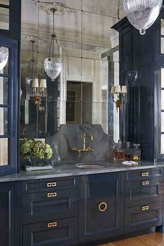 Gorgeous blue cabinetry, gold accents and mirrored wall via  Quintessential Kitchens Main Kitchen, Casa Clean, Home Bar Designs, Mirrored Wall, Classic Kitchen, Marble Counter, Basement Bar, Counter Tops, Wet Bar