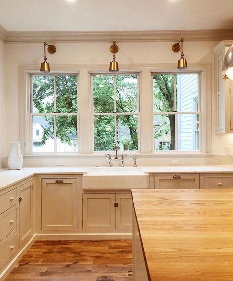 Cottage Kitchen Big Windows, Windows Above Kitchen Counter, Wall Of Windows In Kitchen, Three Windows Over Kitchen Sink, Picture Window Above Kitchen Sink, Large Kitchen Sink Window, Window Wall In Kitchen, Large Window In Kitchen, Large Window Over Sink