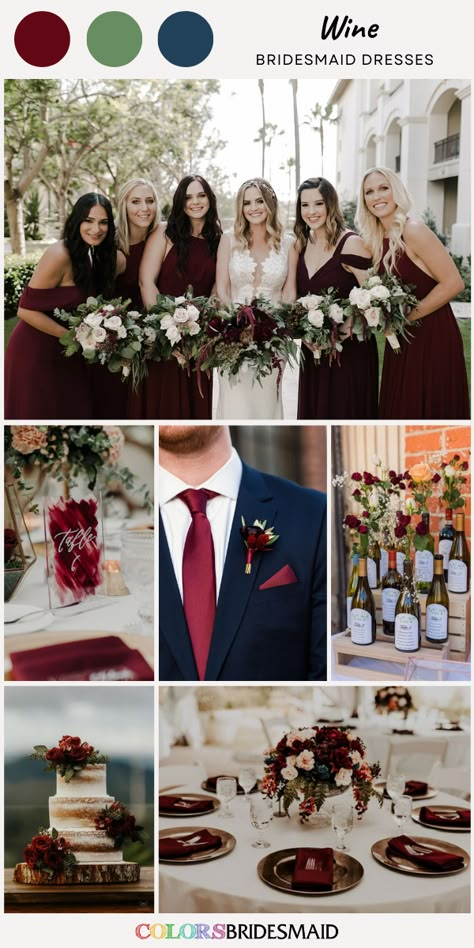 Wine bridesmaid dresses on sale under $100, in 600+ custom-made styles and all sizes, white bridal gown, white flower and greenery bouquet, navy blue bridegroom suit wine tie and corsage, nude wedding cake dotted with wine flower, wine wedding napkins, wine wedding table number card. #colsbm #bridesmaids #bridesmaiddresses #weddingideas #winewedding #bouquet #weddingtie #weddingcake #weddingnapkins #tablenumbercard #winedress b2229 Burgundy Bridesmaid Dresses Color Schemes, Wine And Navy Wedding Color Schemes, Navy Blue Wine And White Wedding, Bridesmaid Dresses Wine Color, Red Wine Wedding Theme, Red Wine Bridesmaid Dresses, Wine And Navy Wedding, Navy And Wine Wedding Colors, Wine Colour Wedding Theme Bridesmaid Dresses