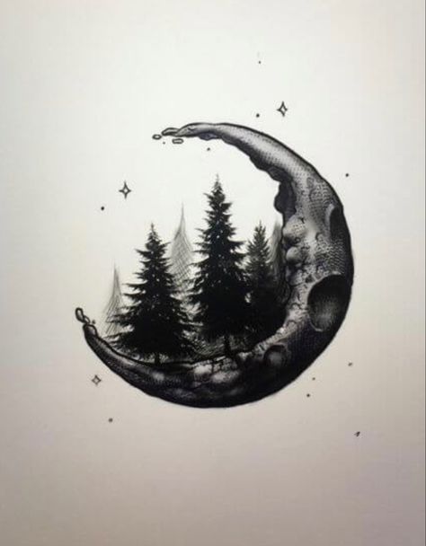 Realistic Flower Tattoo, Flower Tattoo Drawings, Crescent Moon Tattoo, Landscape Tattoo, Tree Tattoo Designs, Moon Tattoo Designs, Outdoors Tattoo, Minimalist Landscape, Mountain Tattoo