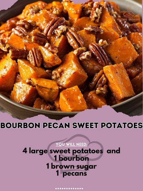 🌟 Elevate your holiday feast with these decadent Bourbon Pecan Sweet Potatoes! 🍠✨ Bourbon Pecan Sweet Potatoes Ingredients: - 4 large sweet potatoes, peeled and cubed - 1/4 cup bourbon - 1/2 cup brown sugar - 1/2 cup chopped pecans - 1/4 cup butter - 1/2 tsp cinnamon - 1/4 tsp nutmeg - Salt to taste Instructions: 1. Preheat oven to 375°F. 2. Boil sweet potatoes until tender, then drain and mash. 3. In a saucepan, melt butter, add brown sugar, bourbon, and spices. 4. Pour mixture over mashe... Sweet Potato Pecan Butter Recipe, Sweet Potato Casserole With Bourbon, Whiskey Glazed Sweet Potatoes, Boiled Sweet Potato Recipes, Bourbon Pecan Sweet Potato Casserole, Pecan Sweet Potatoes, Roasted Apples And Sweet Potatoes In Honey-bourbon Glaze, Bourbon Sweet Potato Casserole With Sweet ‘n’ Savory Bacon Pecans., Bourbon Sweet Potatoes