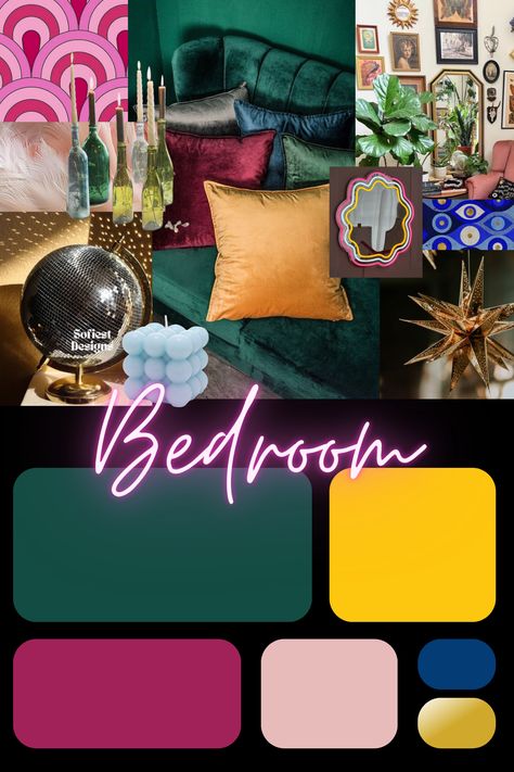 Emerald Mustard Color Palettes, Emerald Green Yellow Pink Bedroom, Hot Pink Emerald Green Room, Emerald Green Orange Color Palette, Emerald Green Eclectic Bedroom, Emerald Green And Yellow Color Palette, Emerald Green And Fuschia Bedroom, Pink And Emerald Green Bedroom Boho, What Colors Go With Mustard Yellow