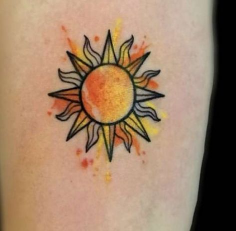 Sun Tattoo Neotraditional, Colorful Sun Tattoos For Women, Sun Tattoo With Color, Watercolor Sun Tattoo, Apollo Tattoos, Sun Tattoo Color, Sunshine Tattoos, Simple Sun Tattoo, Owl Feather Tattoos