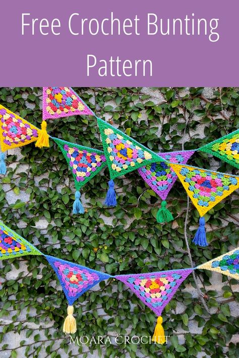 Easy Crochet Bunting, Easy Crochet Bunting Free Pattern, Crochet Triangle Banner, Granny Square Bunting, Simple Crochet Garland, Crochet Birthday Garland, Bunting Crochet Patterns Free, Crochet Bunting Garland, Crochet Banner Pattern Free