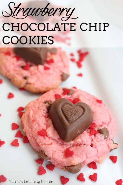 Sweetheart Strawberry Chocolate Chip Cookies - Mamas Learning Corner Strawberry Chocolate Chip, Strawberry Chocolate Chip Cookies, Strawberry Cake Mix Cookies, Valentines Desserts, Strawberry Cake Mix, Valentine Desserts, Strawberry Chocolate, Valentines Day Desserts, Valentines Day Food