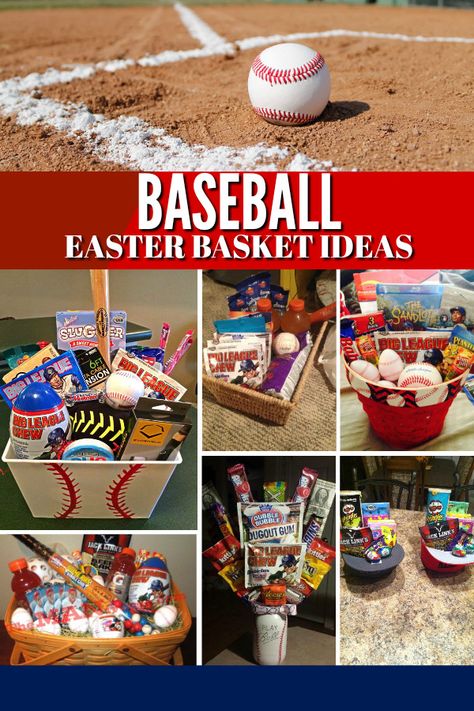 Baseball Easter Basket Ideas: Fill your players Easter basket with all their baseball season needs! Baseball Easter Basket Ideas, Baseball Easter Basket, Sports Easter Basket, Baseball Gift Basket, Homemade Easter Baskets, Easter Basket Themes, Creative Easter Baskets, Boys Easter Basket, Raffle Basket