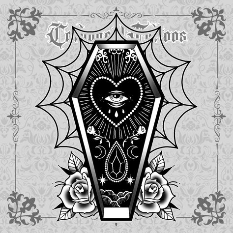 Canadian traditional style tattoo design artwork blackwork black ink roses moon star gem spiderweb available design Canadian artist Toronto Ontario Canada tattoo Cute Poison Tattoo, Your Coffin Or Mine Tattoo, Gothic Coffin Art, Cute Coffin Tattoo, Gothic Pinup Tattoo, Coffin Sketch, Tattoo Mapping, Small Coffin Tattoo, Coffin Tattoo Ideas