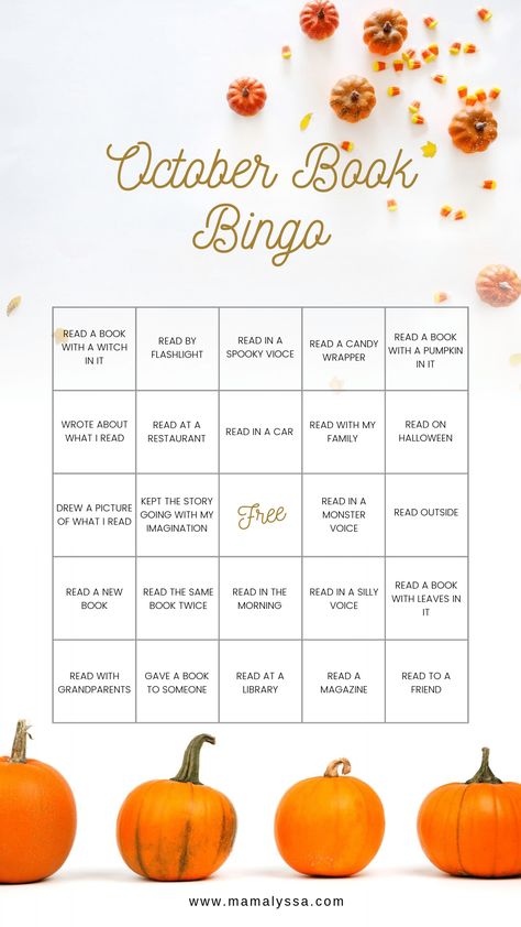 October Reading Bingo, October Book Bingo, Halloween Reading Challenge, October Reading Challenge, October Book Club Ideas, Fall Reading Challenge, Pagan Homeschooling, Autumn Bingo, October Book Club